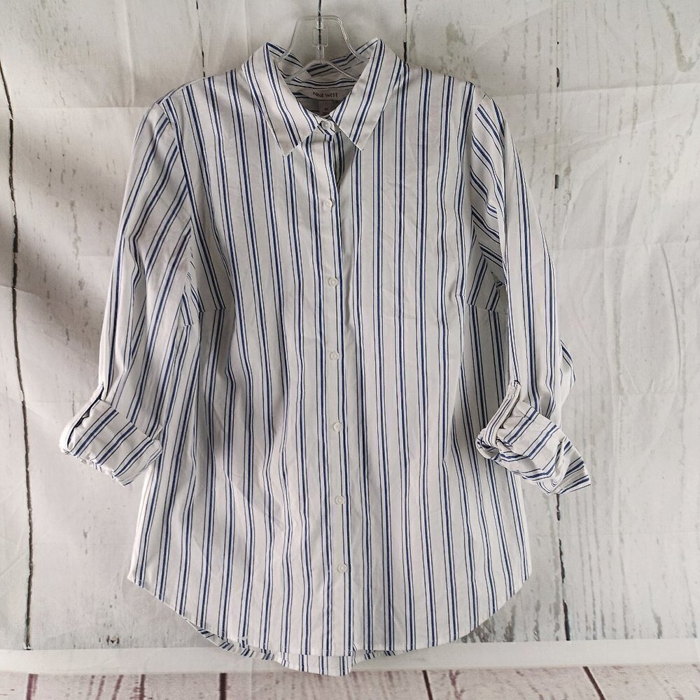 NWT $60 Nine West Button Up Women Size M Cotton Blend Purple White Striped Shirt